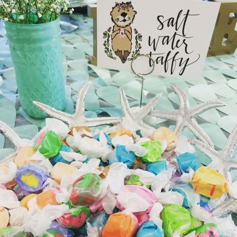 Drew's Sea Otter birthday party! Salt water taffy! Otter Themed Party, Sea Otter Birthday Party, Otter Themed Birthday Party, Otter Baby Shower Theme, Otter Birthday Party, Otter Party, Otter Birthday, Ocean Theme Party, Salt Water Taffy