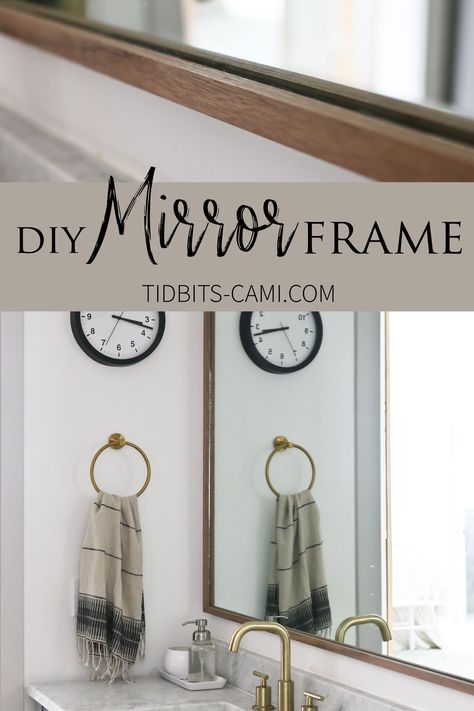 Discover this DIY wood mirror frame that saves you a ton of money and offers a beautiful custom look that just can't be bought in stores. For a relatively quick and easy DIY project, I think it made a huge impact on the design of this shared bathroom room in our pole barn house. Diy Wood Mirror, Diy Wood Mirror Frame, Diy Mirror Frame Bathroom, Wood Mirror Frame, Pole Barn House, Bathroom Mirrors Diy, Mirror Frame Diy, Diy Trim, Mirror Makeover