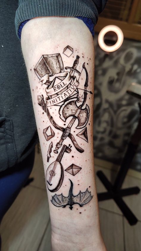 Dungeon Master Tattoo Ideas, D D Tattoo, Dnd Tattoo Sleeve, Nerd Sleeve Tattoo, Dnd Tatoos Ideas, D And D Tattoos, D&d Dice Tattoo, Geeky Tattoo Ideas, Pathfinder Tattoo