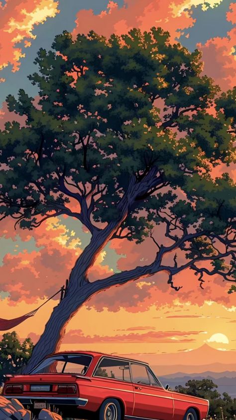 free wallpapers 4K car, tree, sunset, clouds, art for mobile and desktop Anime Nature, Sky Gazing, Wallpaper Car, Clouds Art, Motion Wallpapers, Sky Anime, Philippine Art, Tree Sunset, Beautiful Nature Wallpaper Hd