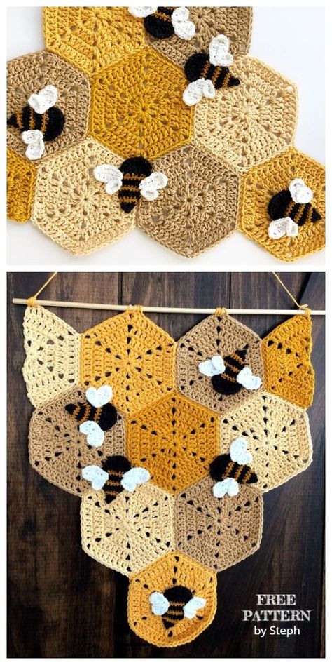 Crochet Honeycomb Banner Free Crochet Pattern #crochetpattern #crochet #pattern #blanket Crochet Hexagon Bee Blanket, Honeycomb Granny Square, Crochet Honeycomb Blanket, Crochet Bee Blanket, Bee Crochet Blanket, Crochet Honeycomb, Crochet Bee Pattern, Baby Blanket Free Crochet Pattern, Honeycomb Blanket