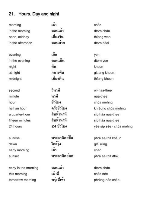 English-Thai vocabulary - Hours. Day and night Thai Phrases, Thailand Language, Serbian Language, Thai Alphabet, Learn Thai Language, Turkish Lessons, Thai Words, Learn Thai, Thai Language