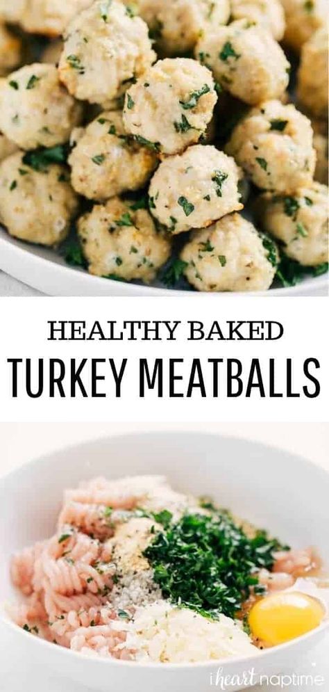 These healthy turkey meatballs are moist and packed with flavor from dried herbs and Parmesan cheese! Easy to make then baked until golden brown, they are a family favorite. Meat Muffins, Healthy Turkey Meatballs, Meatballs Baked, Turkey Meatballs Healthy, Recipes Protein, Turkey Meatballs Baked, Turkey Meatball, Low Fat Dinner, Turkey Meatball Recipe