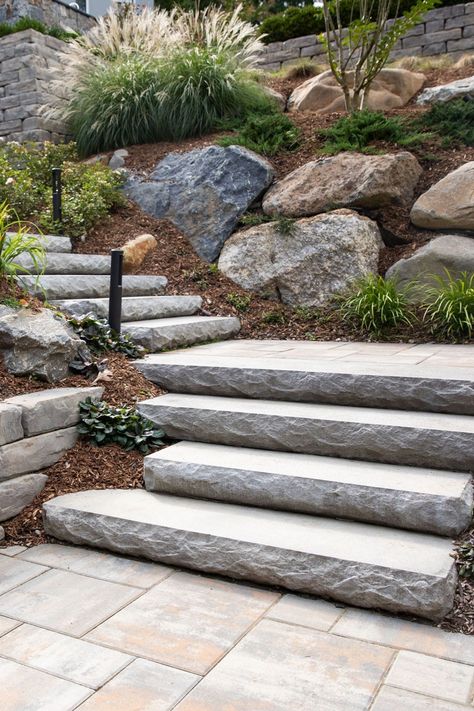 Lake Landscaping, Sloped Backyard Landscaping, Landscape Stairs, Landscape Steps, Walkway Landscaping, Patio Steps, Sloped Backyard, Stone Steps, Hardscape Design