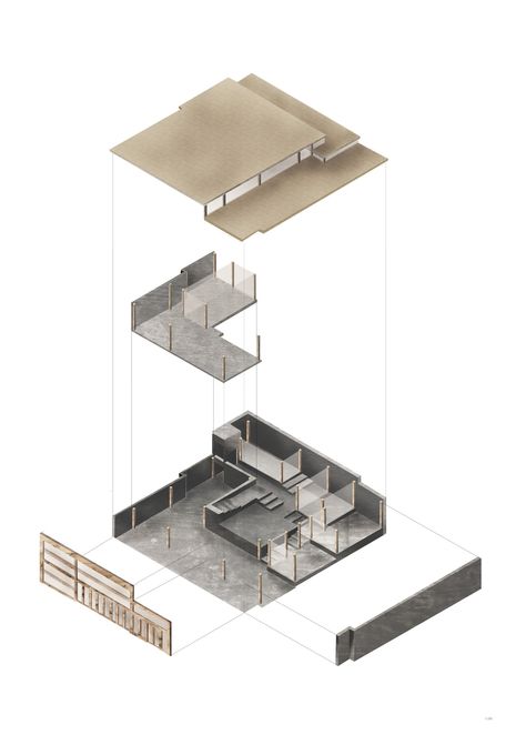 Architecture BSc, Stage 2. Exploded axonometric. Warrenpoint "urban-creative" centre. Axonometric Exploded Architecture, Building Axonometric Drawing, Exploded Isometric Architecture, Exploded Axonometric Architecture, Axonometric Drawing Architecture, Exploded Axon, Axonometric Architecture, Isometric Architecture, Exploded Drawing