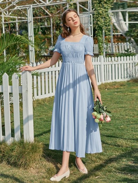 Cottagecore Ideas, Shirring Dress, Shirred Blouse, Dress With Puff Sleeves, Shein Style, Blouse Dress, Women Dresses, Pleated Dress, Dress P