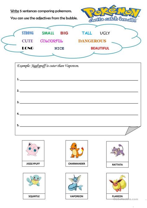 WRITE SENTENCES COMPARING POKEMONS - English ESL Worksheets for distance learning and physical classrooms Pokemon Activity Sheets, Pokemon Homeschool, Pokemon Worksheets, Pokemon Activities, Discovery Activities, Para Educator, English Preschool, Pokemon School, Reading Comprehension For Kids