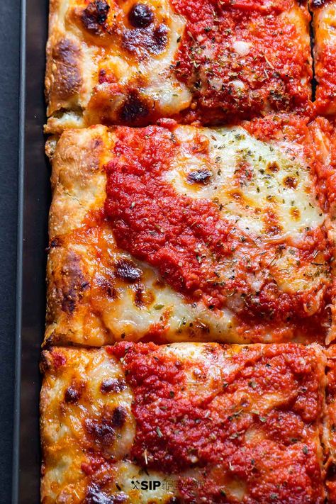 Sicilian Pizza Sauce, Silician Pizza, Foccia Bread Pizza, Sicilian Pizza Dough Recipe, Sicilian Pizza Recipe, Sicilian Style Pizza, Detroit Pizza, Sip And Feast, Pizza Oven Recipes