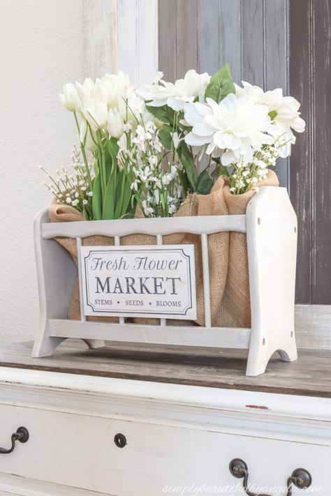 Charming and Seasonal Farmhouse Thrift Store Makeovers - The Cottage Market Cotton Arrangements, Landscape Pots, Farmhouse Thrift Store Makeovers, Diy Magazine Holder, Fresh Flower Market, Magazine Racks, Flea Market Flip, Wood Craft Projects, Cottage Market