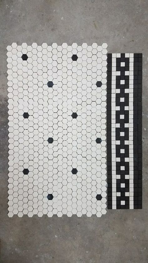 Black And White Penny Tile Kitchen, Penny Tile Foyer, Mosaic Floor Tiles Bathroom, Vintage Tile Floor Bathroom, Vintage Mosaic Tile Bathroom, Penny Tile Border Floor, American Restoration Tile, Penny Tile With Border, Bathroom Tile Floor And Wall