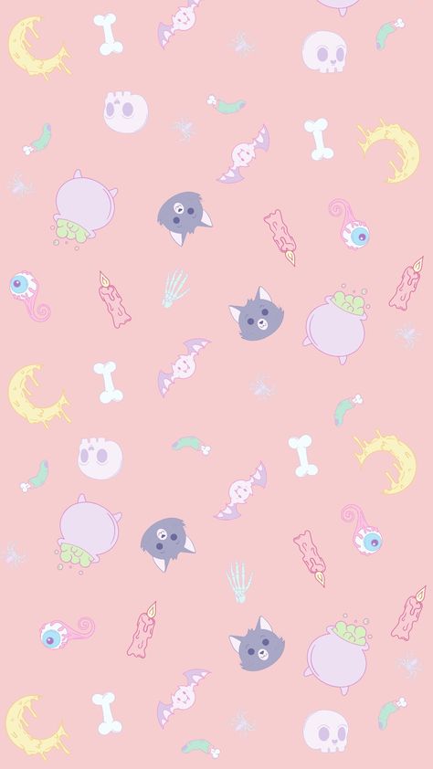 Spooky Halloween Pattern Wallpaper in colour pastel pink with different spooky but cute elements. The elements are: a cat, a skull, a dripping moon, skeleton hand, small spider, skull, potion jar and a bat. Pastel Halloween Wallpaper, Spooky Halloween Wallpaper, Spooky Pattern, Pastel Pink Background, Witch Wallpaper, Halloween Wallpaper Backgrounds, Halloween Wallpapers, Pastel Halloween, Halloween Sweets