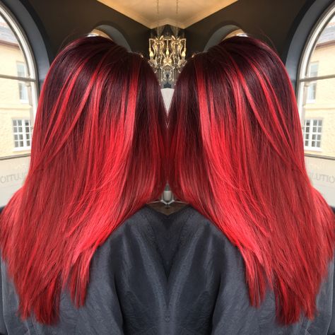 Fiery red hair ❤️ done using Schwarkopf Pearlesence P6-89 roots to mid and Fashion Lights L-88  mid lengths to ends also with Colourworx red by Carlene  #schwarzkopf #redhair Bright Red Hair With Dark Roots, Dark Roots With Red Ends, Black Root Red Hair, Dark Roots Red Ends, Dark Red To Light Red Hair, Bright Red Hair With Black Roots, Red Hair Shadow Root Dark Brown, Bright Red Hair Dark Roots, Black Roots And Red Hair