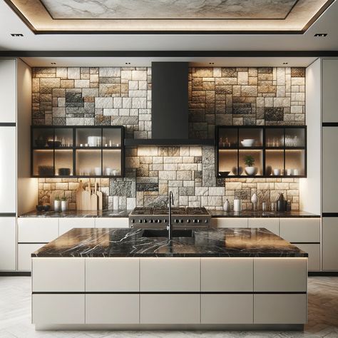 textured stone backsplash with black countertops Black Countertop Kitchens, Backsplash With Black Countertops, Backsplash For Black Granite Countertops, Brown Backsplash, Kitchen Black Counter, Green Subway Tile, Black Countertop, Grey Subway Tiles, Dark Countertops