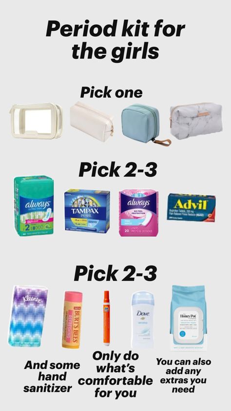 Period kit for emergencies Period Bag For School Emergency Kits, Period Kits For Middle School, 6th Grade Tips, Kit For School, School Emergency Kit, School Backpack Essentials, Middle School Hacks, Period Kit, School Must Haves