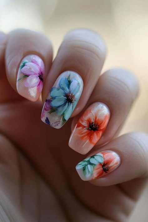 Watercolor Blooms For Easter Nail Design Mom And Newborn, Spring Nail Design, Bridal Nails Designs, Easter Nail, Water Color Nails, Easter Nail Designs, Easter Nail Art, Spring Celebration, Nail Design Ideas