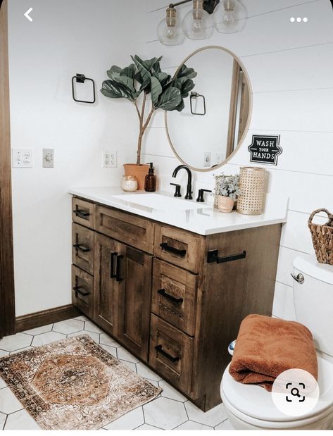 Single Sink Bathroom Vanity Ideas Farmhouse, Brown Boho Bathroom Ideas, Farmhouse Bathroom Mats & Rugs, World Market Bathroom Decor, World Market Bathroom, Rustic Boho Bathroom Ideas, Boho Bathroom Makeover, Boho Bathroom Rug Ideas, Boho Bathroom Remodel Ideas