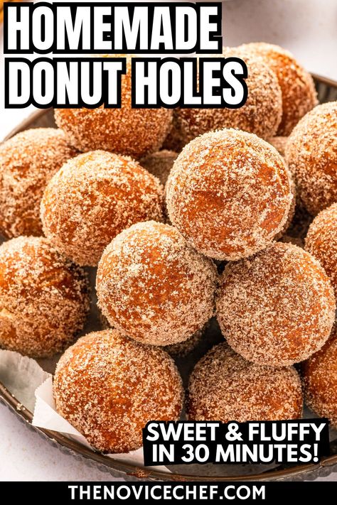 These fluffy and golden fried donut holes are coated with sweet cinnamon sugar! Freshly made and served with coffee, these homemade donut holes will disappear quicker than you can make them. Homemade Cinnamon Donuts Recipe, Fried Mini Donut Recipe, Donut Ball Recipe, Fried Donut Holes, Homemade Donut Holes, Easy Donut Holes, Homemade Donut Recipe, Donut Holes Recipe, Doughnuts Easy