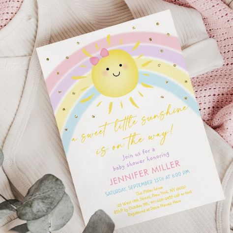 Sunshine Rainbow Pastel Baby Shower Invitation Rainbow Baby Shower Theme, Rainbows And Sunshine, Sunshine Baby Shower Invitations, Sunshine Baby Shower, Pastel Baby Shower, Gold Glitter Confetti, Sunshine Baby Showers, Rainbow Pastel, Baby Shower Supplies