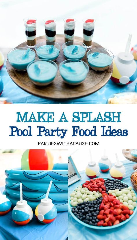 Make a splash at your next pool party with a balloon wave backdrop and fun party snacks. Grateful for clean water? Host your pool party to benefit Charity Water! And help get clean water to everyone on the planet. Find more great pool party decorations and donation party ideas and at Parties With A Cause. #donationparty #charitywater #poolparty #makeasplash #backtoschoolparty #summerparty Summer Theme Party Food, Apartment Pool Party Ideas, Swim Party Food, Pool Party Snacks For Adults, Pool Party Recipes, Balloon Wave, Poolside Appetizers, Wave Backdrop, Water Birthday Parties