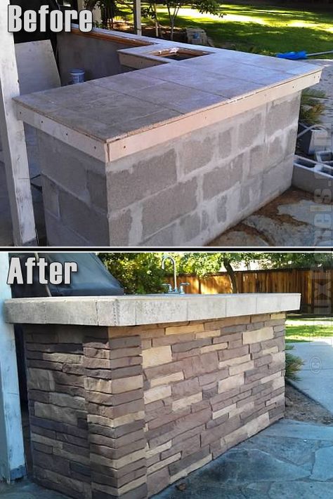 fake Nailon Stone Wall - BBQ remodel Outdoor Grill Area, Faux Stone Walls, Design Grill, Outdoor Kitchen Countertops, Beautiful Outdoor Living Spaces, Christmas Patio, Bar Exterior, Cinder Blocks, Outdoor Kitchen Bars