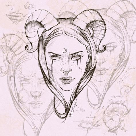 Aries Female Tattoo, Aries Women Tattoo, Aries Drawing Sketches, Aries Art Goddesses, Aries Woman Tattoo, Aries Painting Ideas, Aries Sketch, Aries Inspired Tattoo, Aries Goddess Tattoo