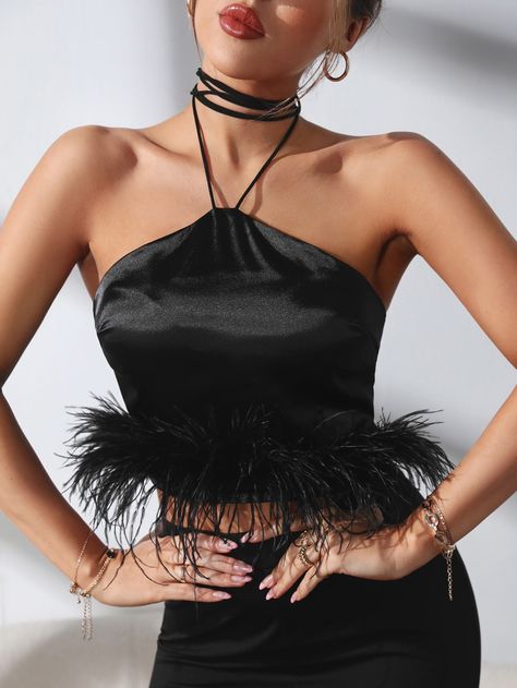 Black Glamorous   Satin Plain Halter  Non-Stretch All Women Tops, Blouses & Tee Summer Tube, Backless Tank Top, Girls Summer Tops, Satin Crop Top, Feather Trim, Boho Floral Dress, Summer Crop Tops, Halter Crop Top, Club Party