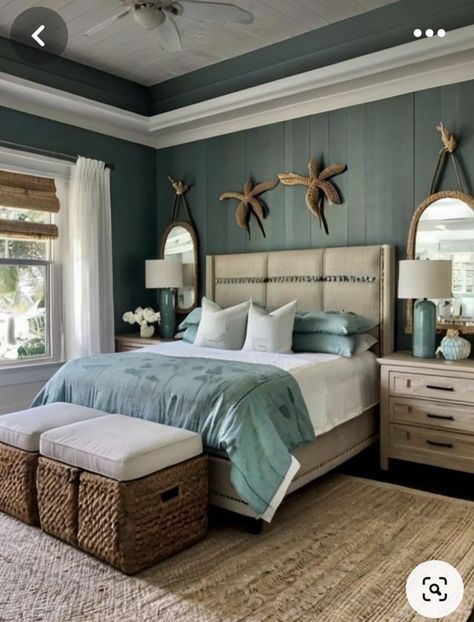 Modern Coastal Bedroom Ideas, Modern Coastal Bedroom, Blue Bedroom Design, Beachy Bedroom, Teal Bedroom, Coastal Bedroom Decorating, Haus Am See, Coastal Bedrooms, Coastal Bedroom