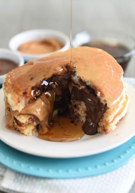 Nutella and Peanut Butter Stuffed Pancakes-Your family will go wild for this easy to make breakfast Peanut Butter Pancake Recipe, Nutella And Peanut Butter, Food Polls, Nutella Peanut Butter, Peanut Butter Waffles, Stuffed Pancakes, Egg Brunch Recipes, Nutella Waffles, Peanut Butter Pancakes