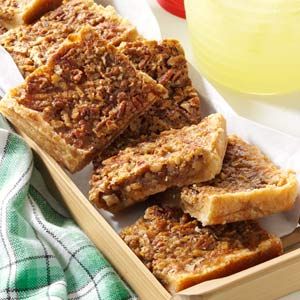 Pecan Pie Bars for a Crowd Recipe from Taste of Home -- shared by Clara Honeyager of North Prairie, Wisconsin Bars For A Crowd, Easy Bars, Slab Pie Recipes, Pecan Pie Bars, Dessert Candles, Pie Bars, Cooking For A Crowd, No Bake Bars, Pie Bar