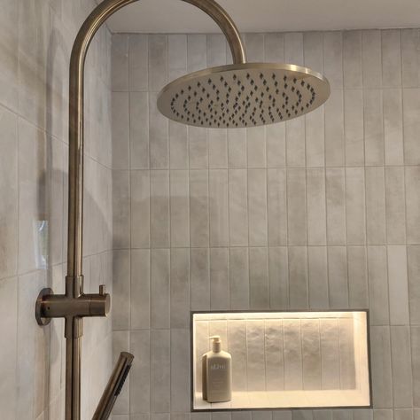 Indulgent round gooseneck combination shower in brushed nickel from Meir, with generous 300 mm shower head for a true waterfall experience, set against the soft matt textured finish of Wella subway tiles by Grand Tiling Concepts. Shower Ceiling, Shower Fixtures, Subway Tiles, Subway Tile, Shower Head, Master Bath, Shower Heads, Brushed Nickel, Bath