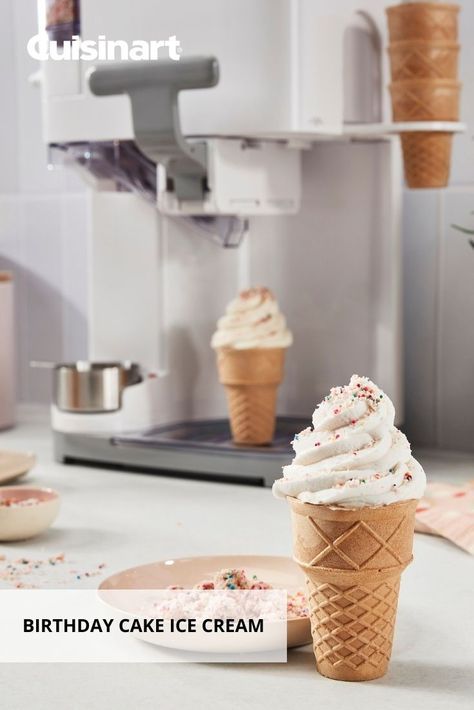 Celebrate #NationalIceCreamDay with Birthday Cake Ice Cream! This familiar favorite is fun to make with the whole family using the #Cuisinart Mix It In Ice Soft Serve Ice Cream maker. Simply churn the ice cream, add your favorite toppings (even hot fudge from the keep warm station!), and enjoy in as little as 30 minutes. #birthdaycakeicecream #icecream #summerdessert #icecreammaker #icecreamrecipe #homemadeicecream #dessert #dessertideas Recipe Birthday Cake, Soft Serve Ice Cream Recipes, Cuisinart Recipes, Birthday Cake Ice Cream, National Icecream Day, Cuisinart Ice Cream, Cuisinart Ice Cream Maker, Ice Cream Birthday Cake, Cake Ice Cream