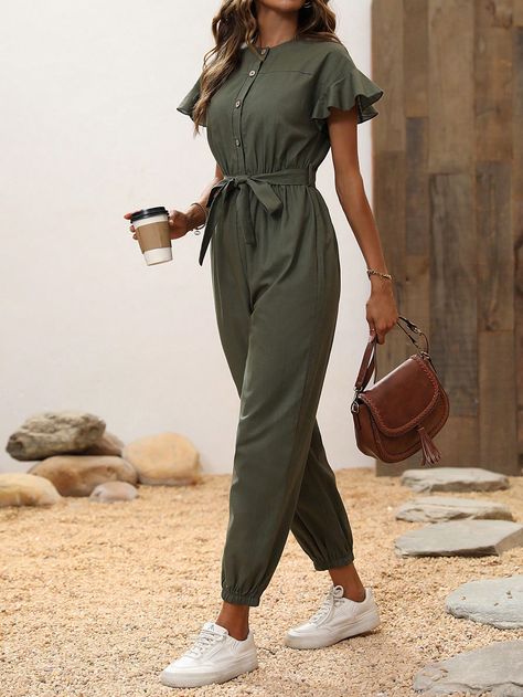 SHEIN Essnce Butterfly Sleeve Belted JumpsuitI discovered amazing products on SHEIN.com, come check them out! Jumpsuit Outfits, Jumpsuit Casual, Belted Jumpsuit, Belt Jumpsuit, Butterfly Sleeve, Plain Shirt, Women Legs, Casual Jumpsuit, Butterfly Sleeves