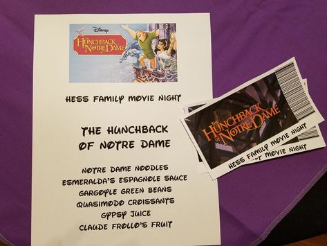 Hunchback of notre dame movie night Hunchback Of Notre Dame Movie Night, Disney Movie Night Snacks, Disney Nights, Disney Movie Night Menu, Theme Dinners, Notre Dame Disney, Disney Movie Night Food, Themed Nights, Movie Dinner