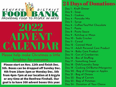 COMMUNITY SPOTLIGHT: Renfrew Food Bank looking for your help with Advent Calendar campaign | 96.1 Renfrew Today Bank Calendar, Kraft Dinner, Soda Crackers, Fire Hall, Canned Meat, Chocolate Day, Food Bank, Laundry Soap, People In Need