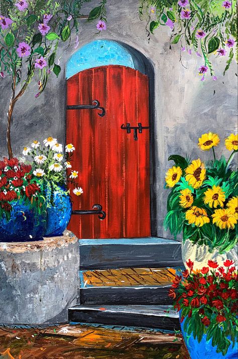 Original art on canvas by Tahira Ansari of Painted and more. This is available for sale. #originalart #acrylicpaintingtechniques #olddoors #homedecorideas #artcollector #artgalleries #flowers #floral Paint Old Doors, Painting Of Street, Window Pane Art, Easy Art Lessons, Pastel Colors Art, Whirling Dervish, Acrylic Art Projects, Sante Fe, Folk Art Flowers