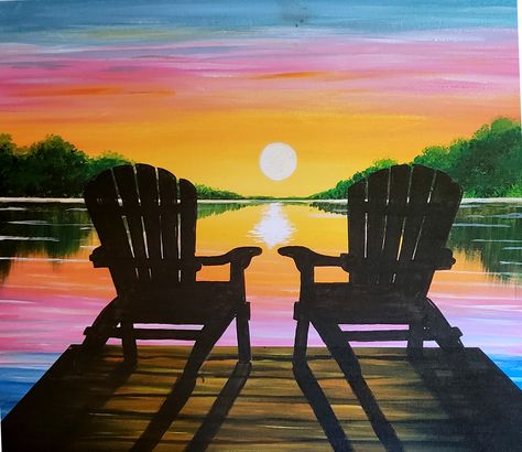 Sunset Docks at Palooza this Thursday night. There is no party like a PaintNite party! Half Sunset Half Night Painting, Purple Sunset Painting Acrylic, Acrylic Painting Lake Dock, Sunset Dock Painting, Stained Glass Sunset Over Water, Muskoka Chair, Scary Cat, Sunrise Lake, Diy Bachelorette Party