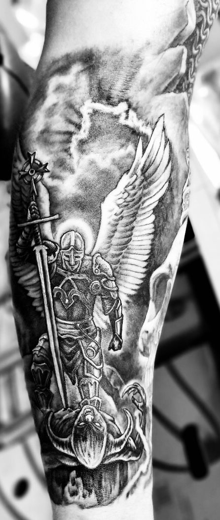 Angel demon tattoo Angel Defeating Demon Tattoo, Angel And Demon Tattoo Sleeve, Angel And Demon Tattoo Men, Angels Vs Demons Tattoo, Angel Vs Demon Tattoo, Angel And Demon Tattoo, Angel Demon Tattoo, Saint Michael Tattoo, Demons Tattoo