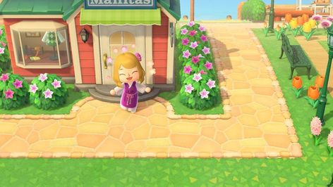 Path Border, Sunny Pictures, Pink And Blue Dress, Path Ideas, Herb Garden Design, Path Design, Qr Codes Animal Crossing, Stone Path, Animal Crossing Game