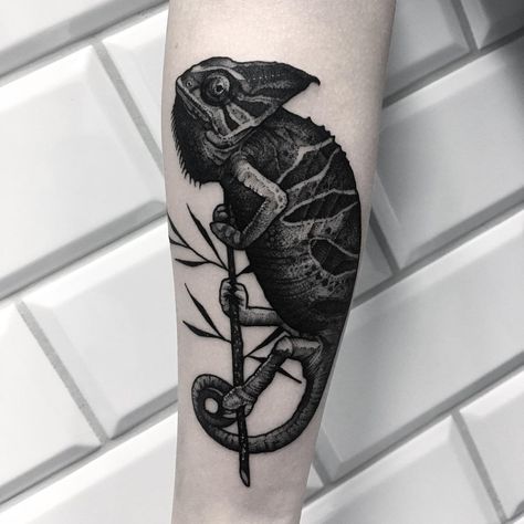 Tattoo artist Patryk Chybowski, authors style surrealistic blackwork tattoo | Warsaw, Poland Chameleon Tattoo Realistic, Chameleon Tattoo Design, Chameleon Tattoos, Reptile Tattoo, Unique Animal Tattoos, Chameleon Tattoo, Lizard Tattoo, Stick Poke Tattoo, Hipster Tattoo