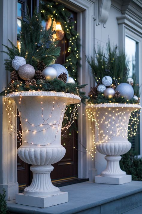 10 Enchanting Christmas Lights Front Porch Ideas Christmas Urn Ideas, Front Entrance Christmas Decor, Christmas Lights Front Porch, Christmas Urns Front Porch, Porch With Lights, Christmas Entrance Decor, Front Porch Christmas Lights, Porch Christmas Lights, Floor Lanterns