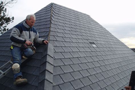 Inspire slates can be installed with a hammer and nails or pneumatic nail gun. The slate can be cut with a stanley knife.    Each slate has pre-marked nailing locations for correct fixing. The slates also feature overlap reference marks corresponding to roof pitch as well as horizontal spacers to ensure quick, accurate installation. Inspire Roofing Slate is available now from www.Bellstone.com.au Synthetic Slate Roofing, Ridge Tiles, Diy Carport, Slate Roof Tiles, Conservatory Roof, Roof Pitch, Roof Ideas, Corrugated Roofing, Hip Roof