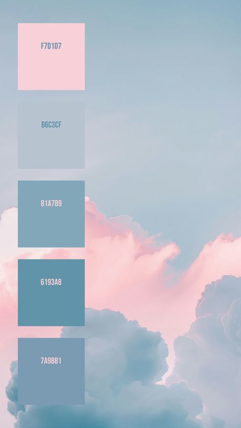 Colors:
F7D1D7
B6C3CF
81A7B9
6193A8
7A9BB1 Cloud Palette, Blue Pink Color Palette, Cloud Color Palette, Blue And Pink Palette, Pink And Blue Color Palette, Sky Color Palette, Sky Palette, Soft Gradient, Hex Color