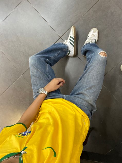 Brazil Football Jersey, Brazil T Shirt, Brazil Shirt, Mens Aesthetic, Brazil Football, Football Jersey Outfit, Shirt Outfit Men, Soccer Outfit, Mens Summer Outfits