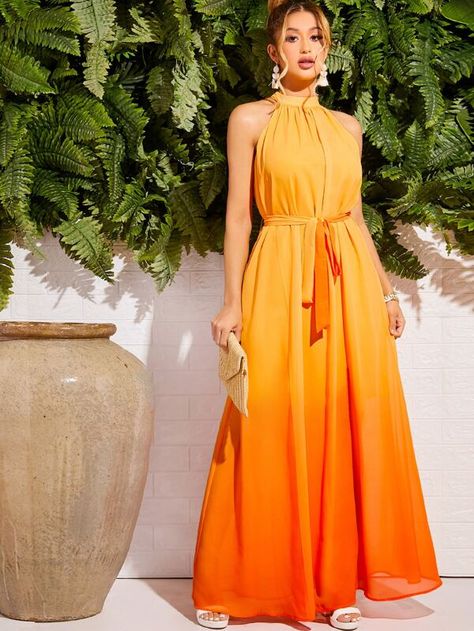 Self Belted Ombre Halter Dress | SHEIN USA Yellow Ombre Dress, Women's Maxi Dresses, Ombre Maxi Dress, Ombre Dress, Resort Dresses, Dresses Trendy, Dressed To The Nines, New Dresses, Dress Indian Style