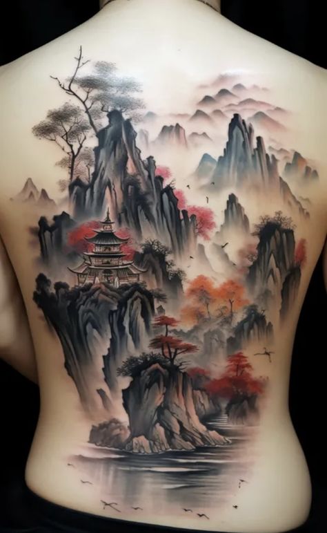 Japanese Landscape Tattoo, Moutain Tattoos, Waterfall Tattoo, Jack Skellington Tattoo, Gotik Tattoo, Japanese Back Tattoo, Japanese Mountains, Armband Tattoos, Landscape Tattoo