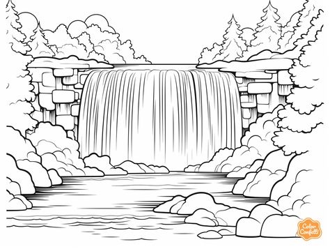 illustration of Beautiful waterfall coloring How To Draw A Rainforest, Easy Waterfall Drawing, Waterfall Coloring Pages, Waterfall Sketch, Rainforest Diorama, Waterfall Drawing, Water Cascade, Waterfall Painting, Fall Drawings