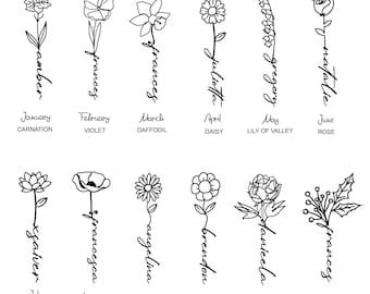 Birth Month Flower SVG Grandmas Garden Sign Mothers Day Svg - Etsy Turkey Birth Flower Tattoos Kids Names, Birth Month Flowers Tattoo Combined, Birth Flowers Intertwined Tattoo, Birth Month Flower Family Bouquet Tattoo, Line Art Birth Month Flowers, Birthday Tattoo, Line Art Flowers, Tattoos With Kids Names, Birth Flower Tattoos