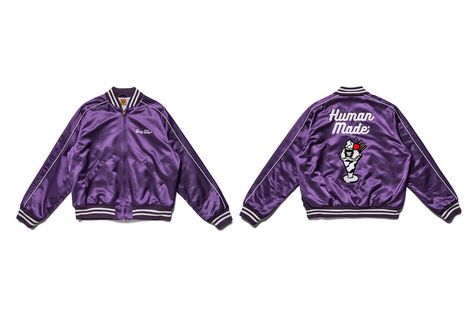 HUMAN MADE Drops Sleek Dark Purple Satin Varsity Jacket #daily #news #hypebeast #mux #muxjasper #fivedoubleues Satin Varsity Jacket, Human Made, Satin Jackets, Purple Satin, Daily News, Dark Purple, Adidas Jacket, Varsity Jacket, White Stripe