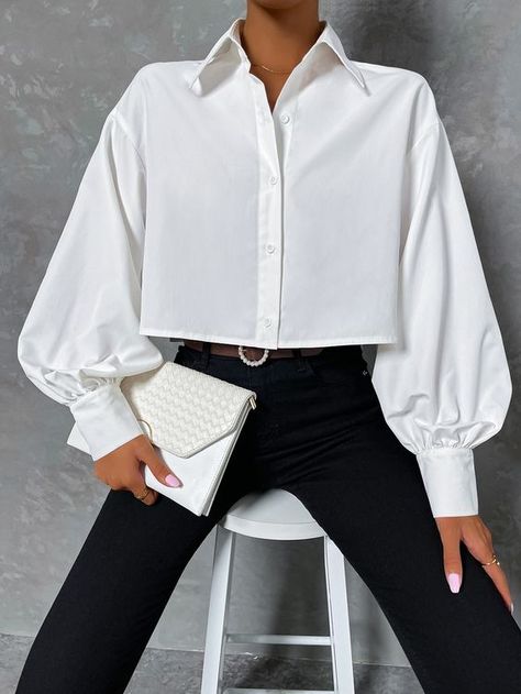 White Casual Long Sleeve Recycled Polyester Plain Shirt Embellished Non-Stretch Spring/Summer Women Tops, Blouses & Tee Sleeve Shirt Outfit, Lantern Sleeved Blouses, Plain Shirts, Women Blouses, Elegant Shirt, Moda Vintage, Women Shirts Blouse, Lantern Sleeve, White Shirts