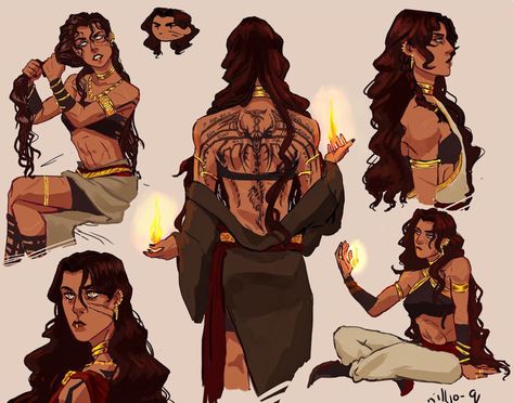 Back Tattoo Character Design, Fire Magic Character Design, Tattoo Idea Design, Triplets Character Design, Tattooed Masc Women, Scholar Pose Reference, Character Board Design, Tattoos Character Design, High Priestess Character Design